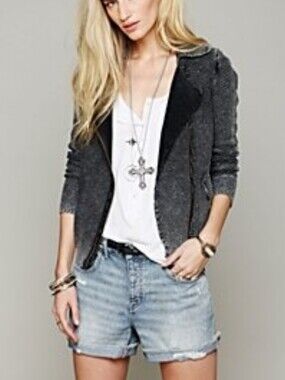 Free People Grey 💯 Cotton Knit Warm & Cool Moto Sweater Jacket, Size L ~ EUC